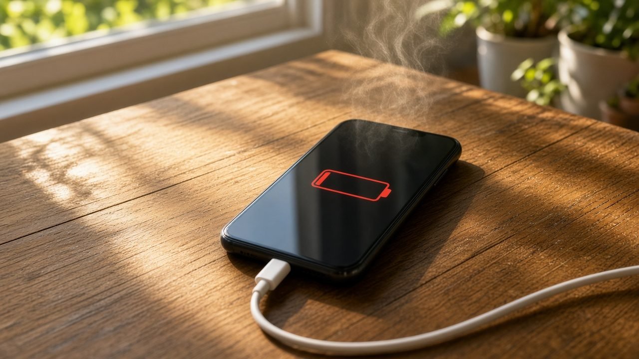 Overheated phone with low battery in the sun