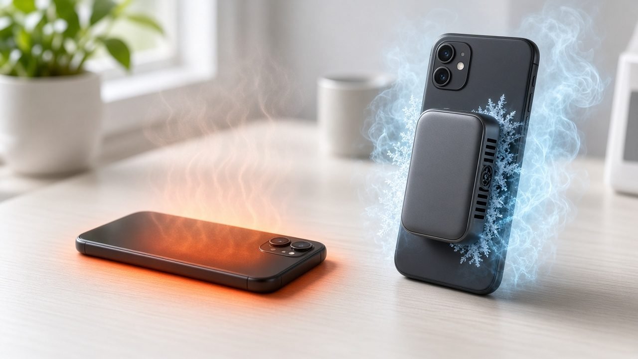 Overheating smartphone next to a phone with a magnetic phone cooler