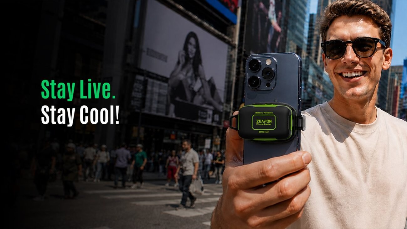 Filming on a city street with a battery-powered ZEAPON phone cooler